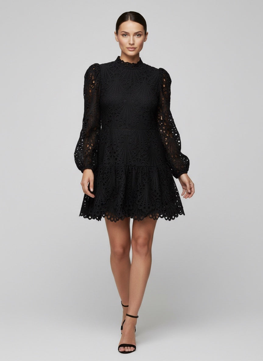 Chic Black Eyelet Lace Ruffle Mini Dress