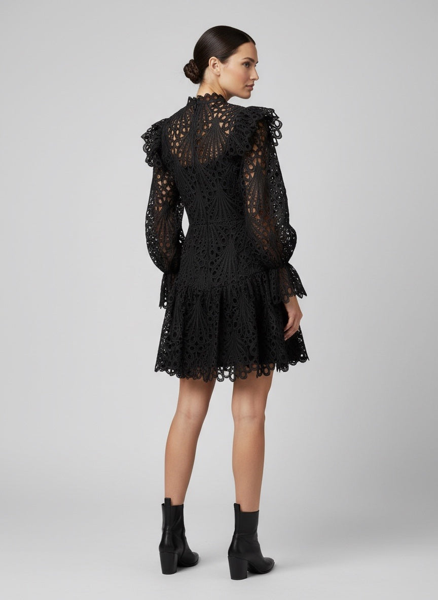 Chic Black Eyelet Lace Ruffle Mini Dress