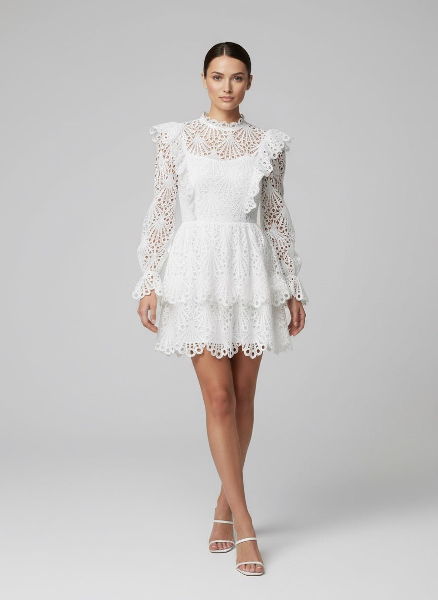 Chic Black Eyelet Lace Ruffle Mini Dress