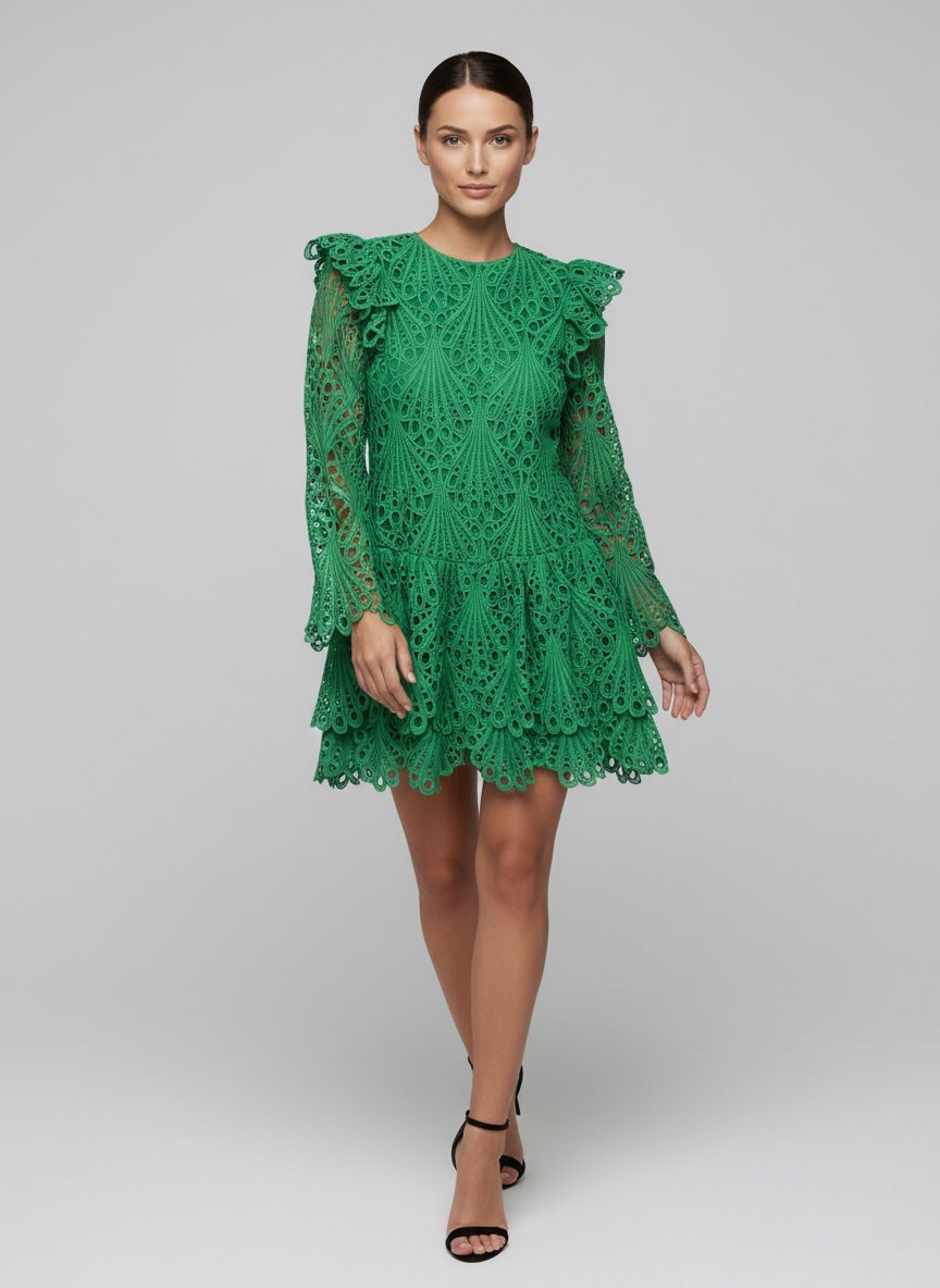 Chic Black Eyelet Lace Ruffle Mini Dress