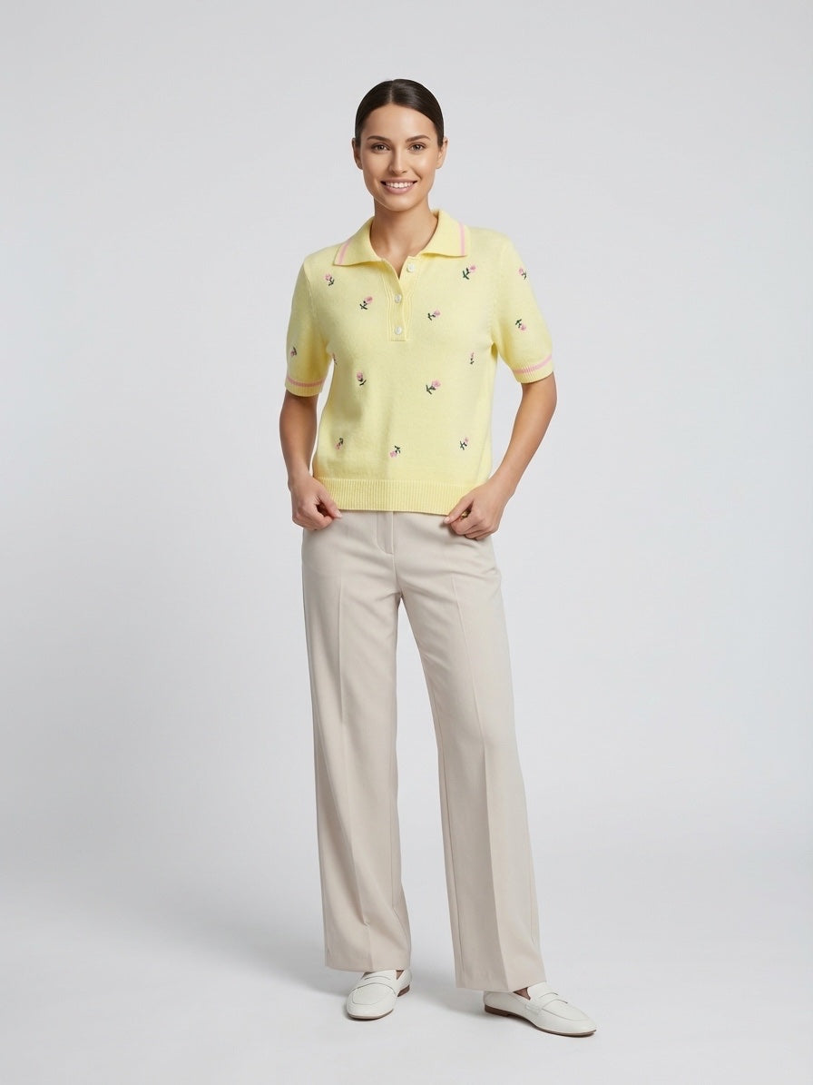 Embroidered Floral Knit Polo - Canary