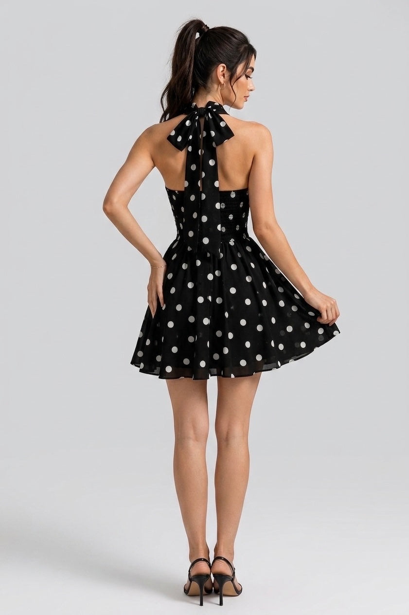 Polka Dot Halter Neck Dress - Black (2)