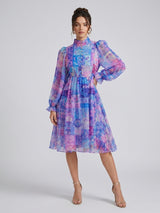 Patchwork Print Bishop Sleeve Dress - Amethyst