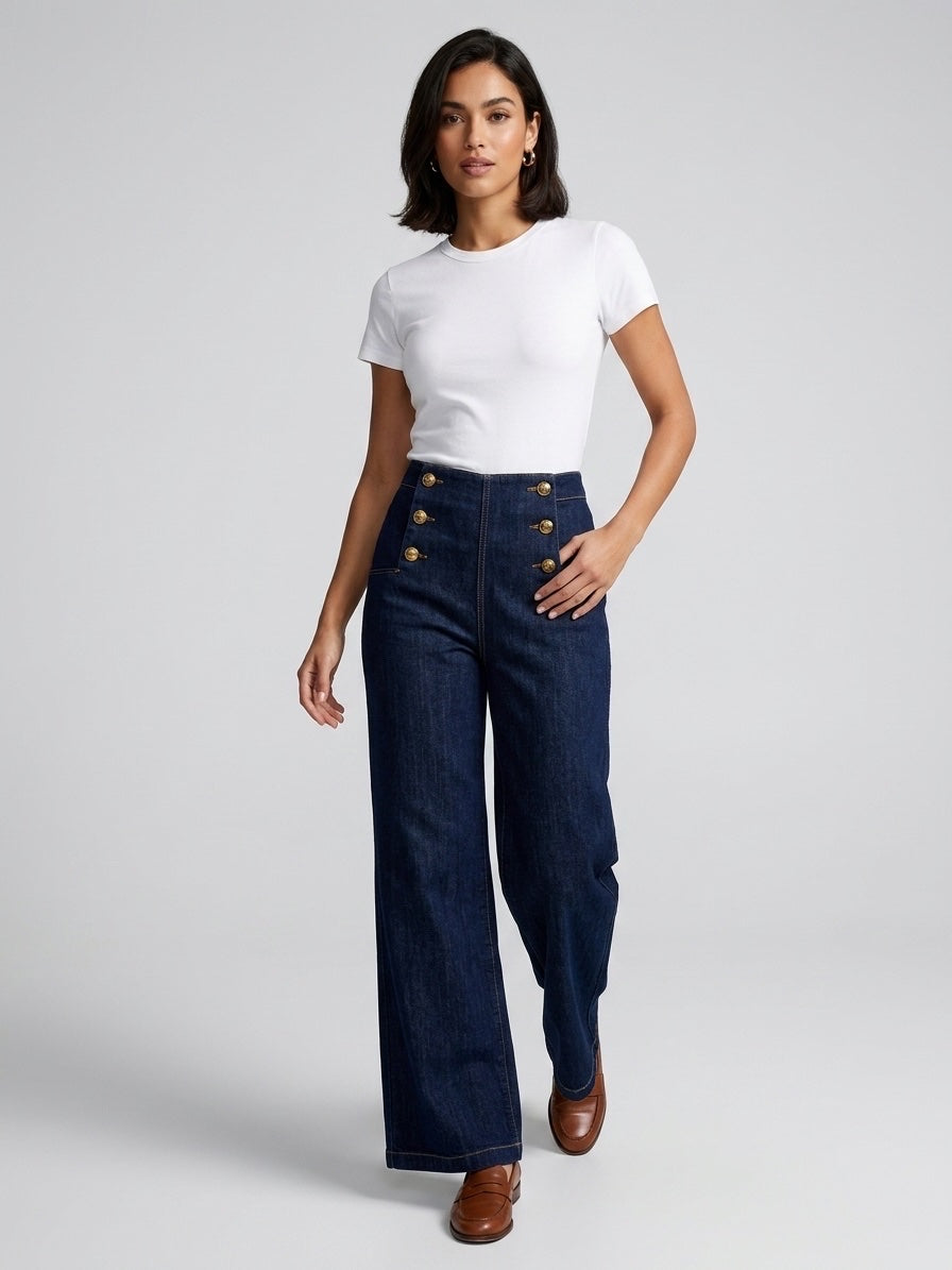Sailor Button Wide-Leg Trousers - Dark Blue