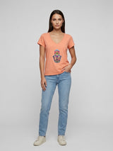 Graphic V-Neck Cotton Tee - Coral