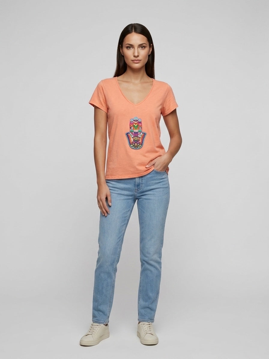 Graphic V-Neck Cotton Tee - Coral