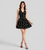 Polka Dot Halter Neck Dress - Black