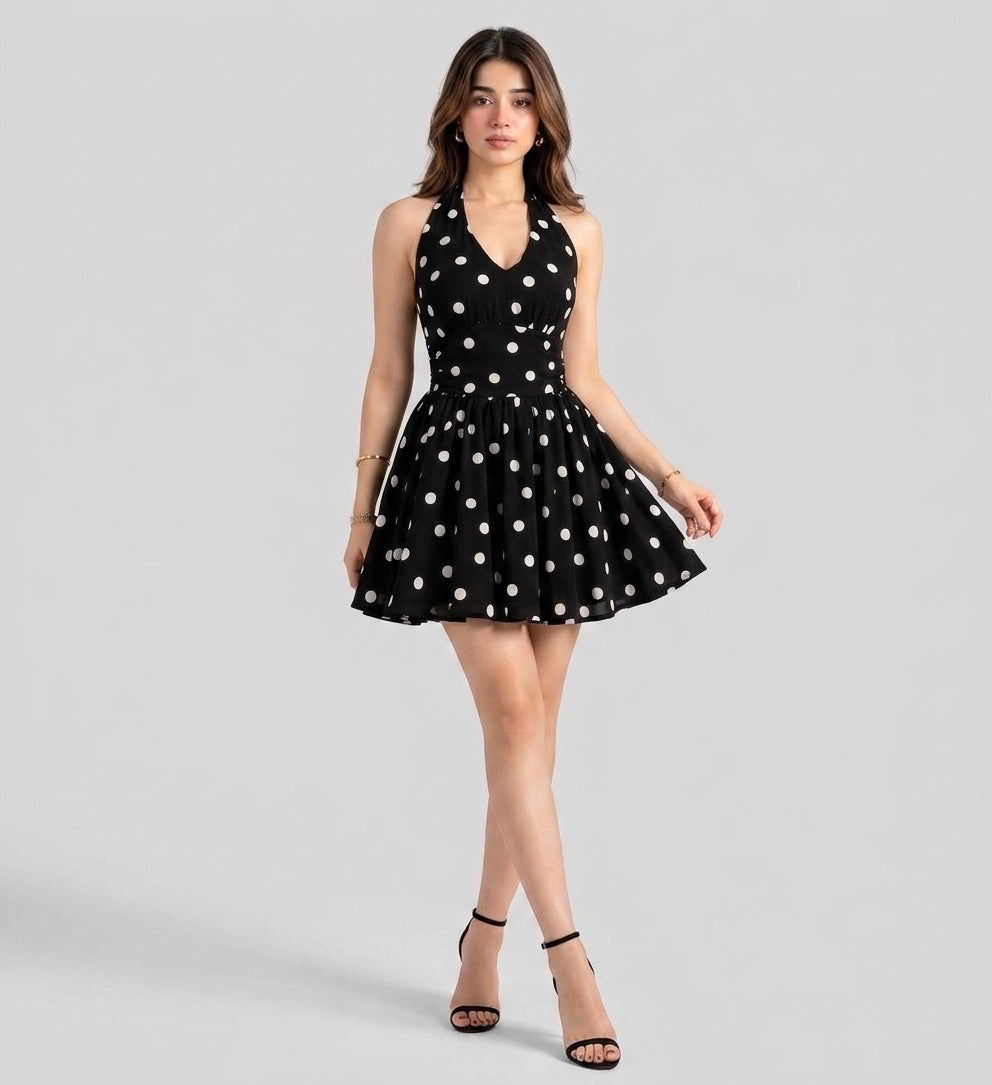 Polka Dot Halter Neck Dress - Black