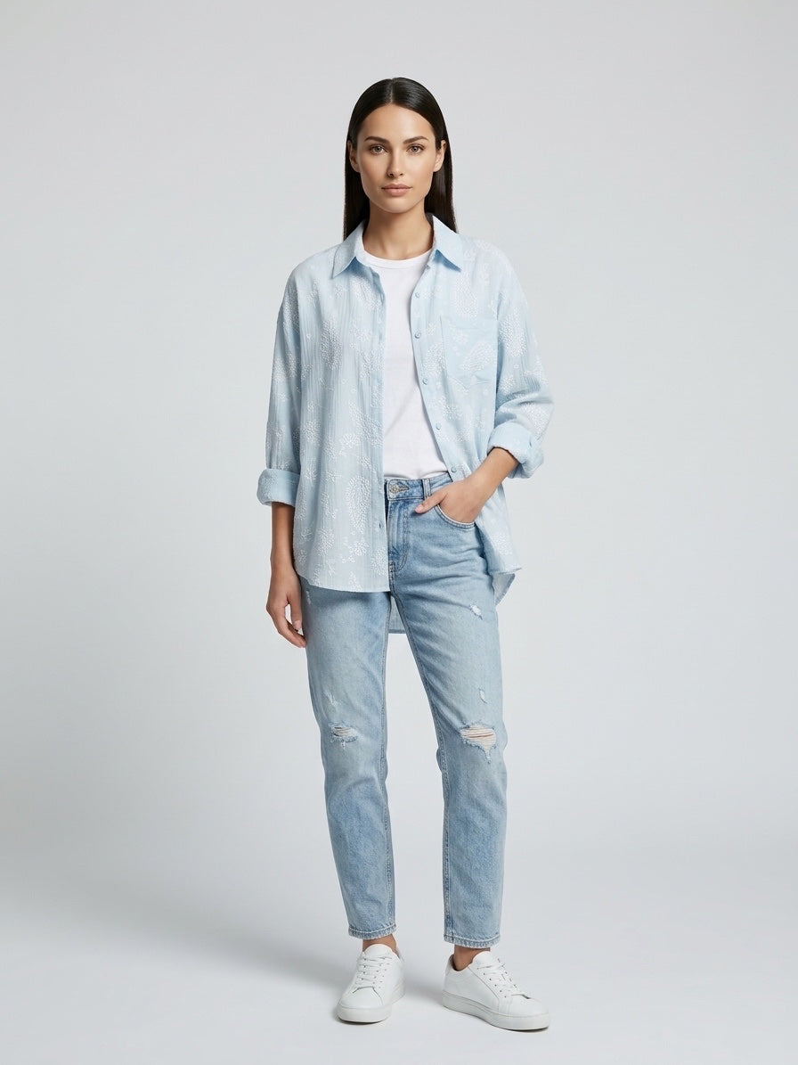 Paisley Embroidered Relaxed Shirt - Baby Blue