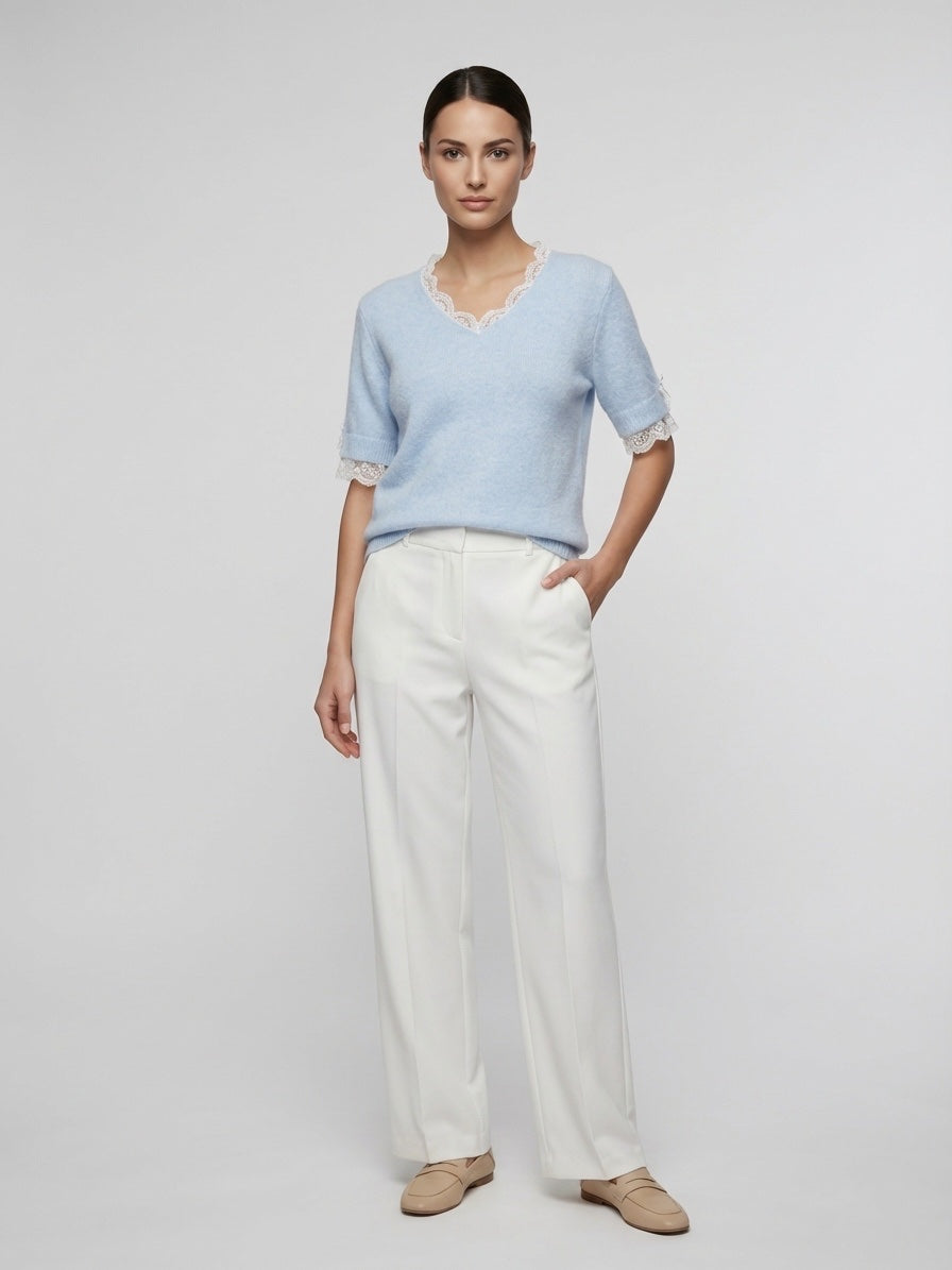 Lace Trim Knit Top - Baby Blue