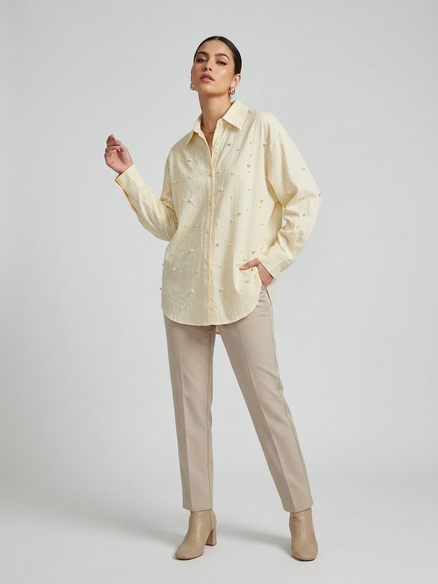 Embellished Striped Cotton Shirt - Yellow