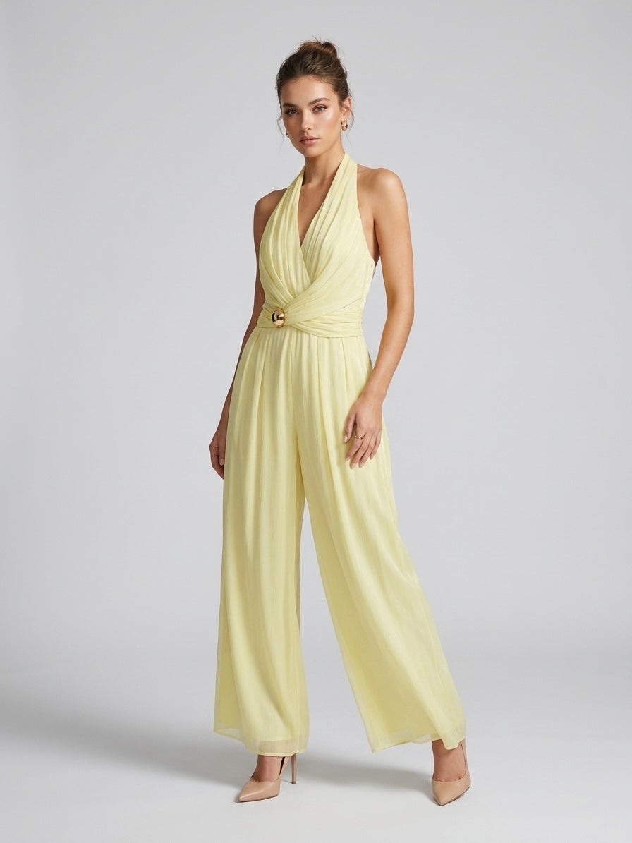 Chic Halterneck Wide-Leg Jumpsuit - Butter