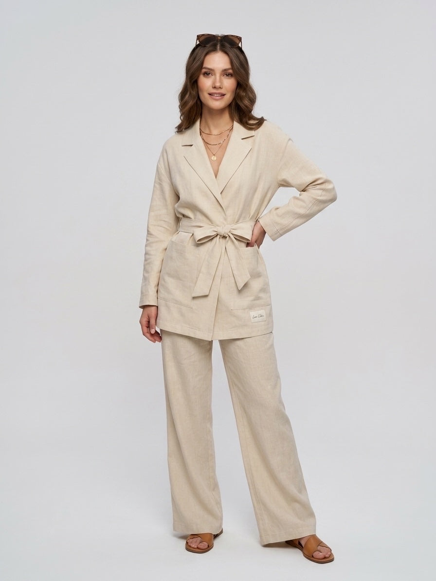 Linen Blend Tie Waist Blazer - Beige