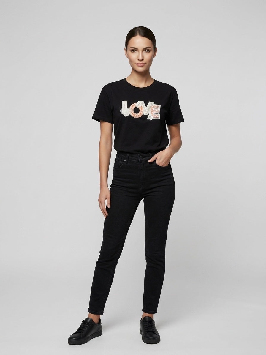 LOVE Appliqué Cotton T-Shirt - Black