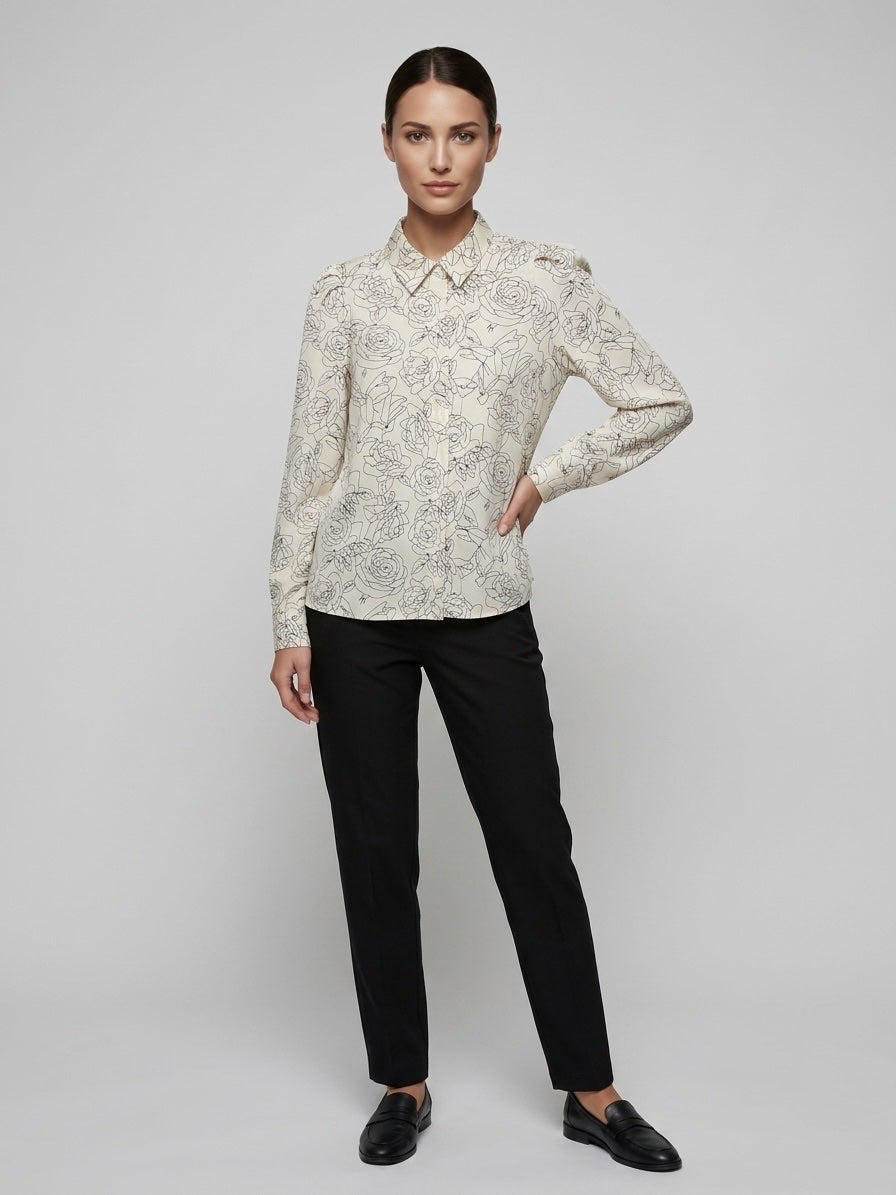 Floral Print Puff Sleeve Blouse - Beige