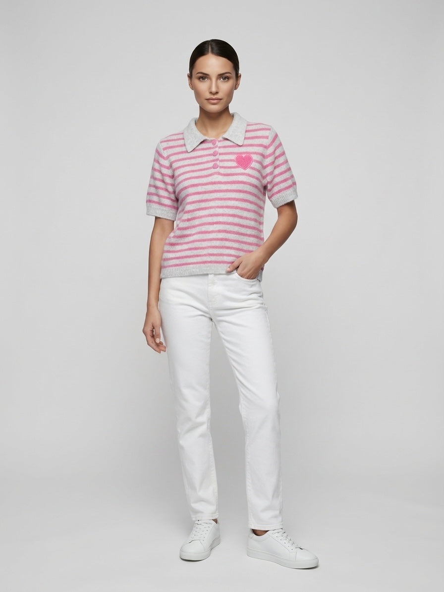 Striped Knit Polo Shirt with Heart Detail - Deep Pink