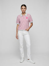 Striped Knit Polo Shirt with Heart Detail - Deep Pink