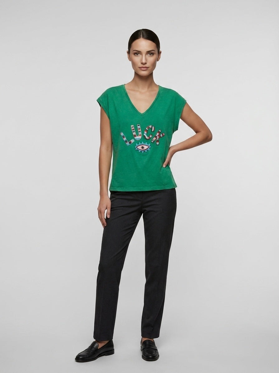 Embellished V-Neck Cotton T-Shirt - Green