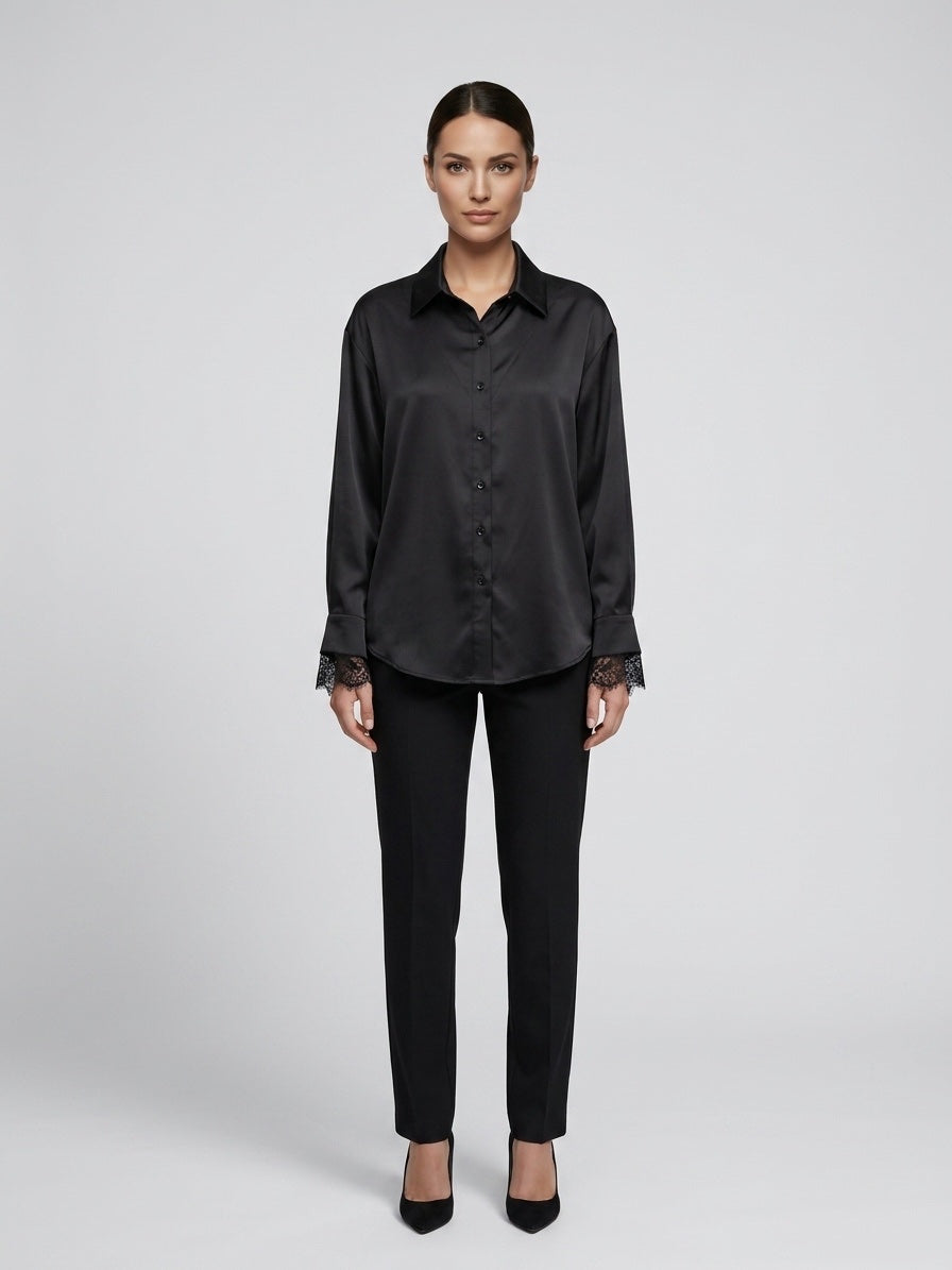 Lace Cuff Silk Shirt - Black