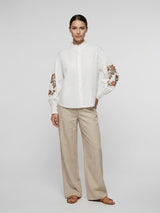 Embroidered Cotton Blouse with Ruffled Neckline - Off-white