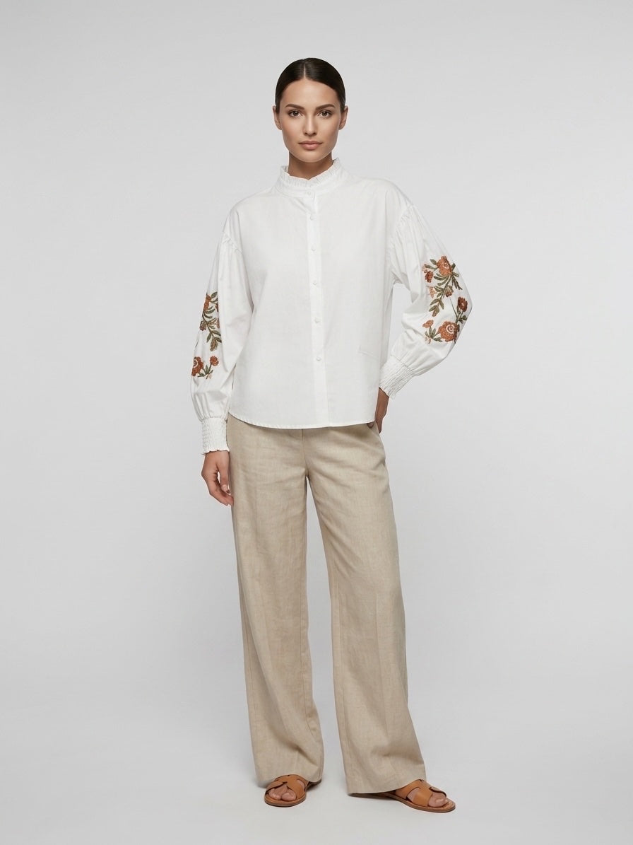 Embroidered Cotton Blouse with Ruffled Neckline - Off-white