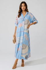 Printed Midi Shirt Dress - Baby Blue