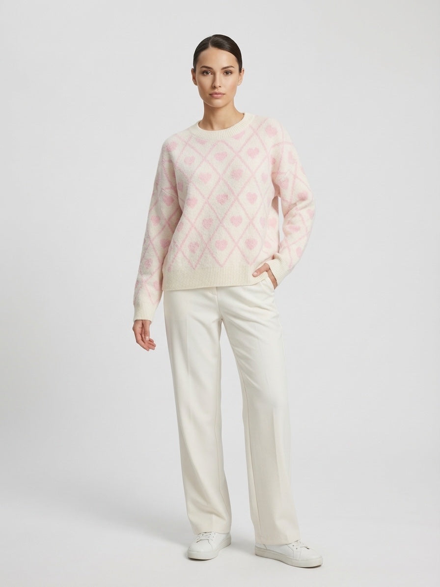 Argyle Heart Knit Jumper - Cream