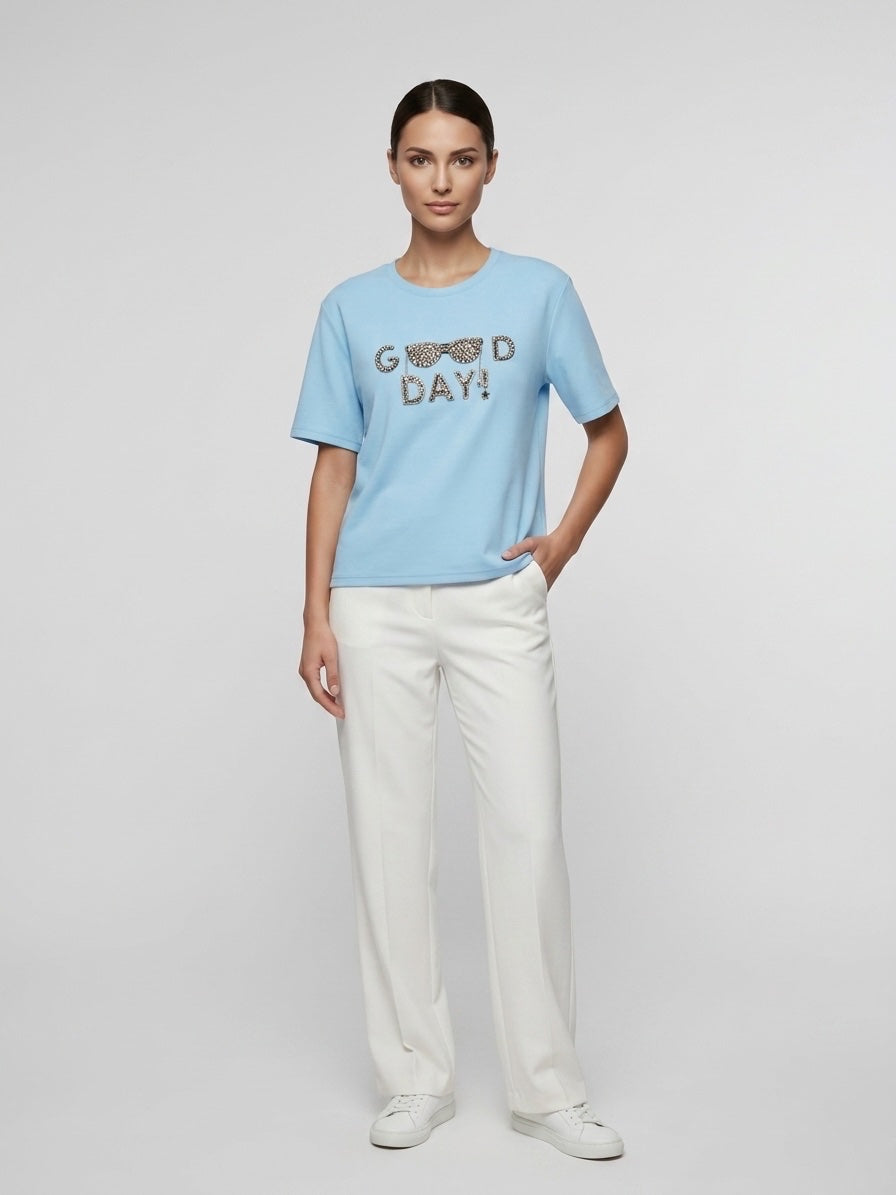 Embellished Slogan T-Shirt - Baby Blue