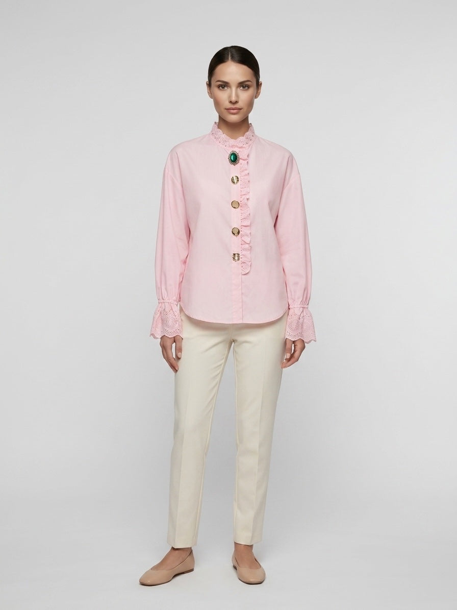 Embellished Ruffled Blouse - Baby Pink