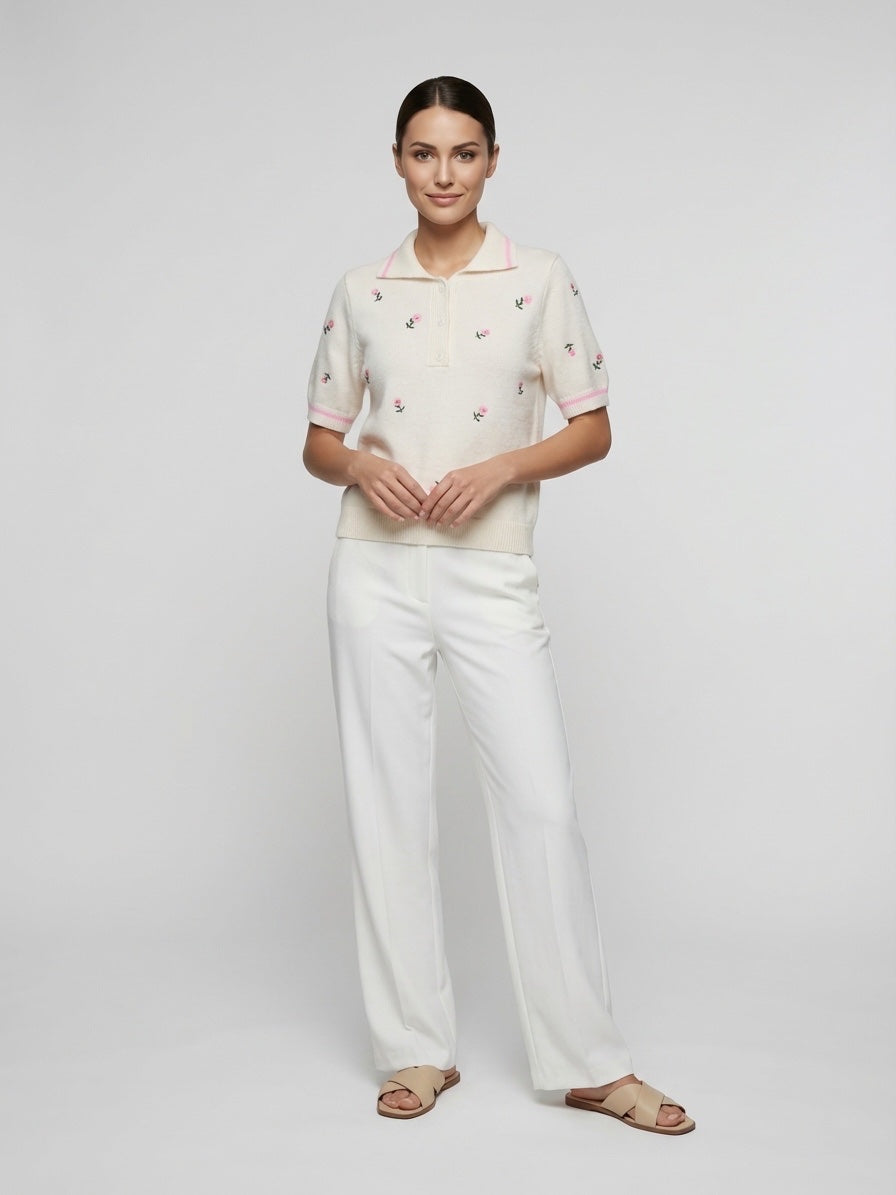 Embroidered Floral Knit Polo - Cornsilk