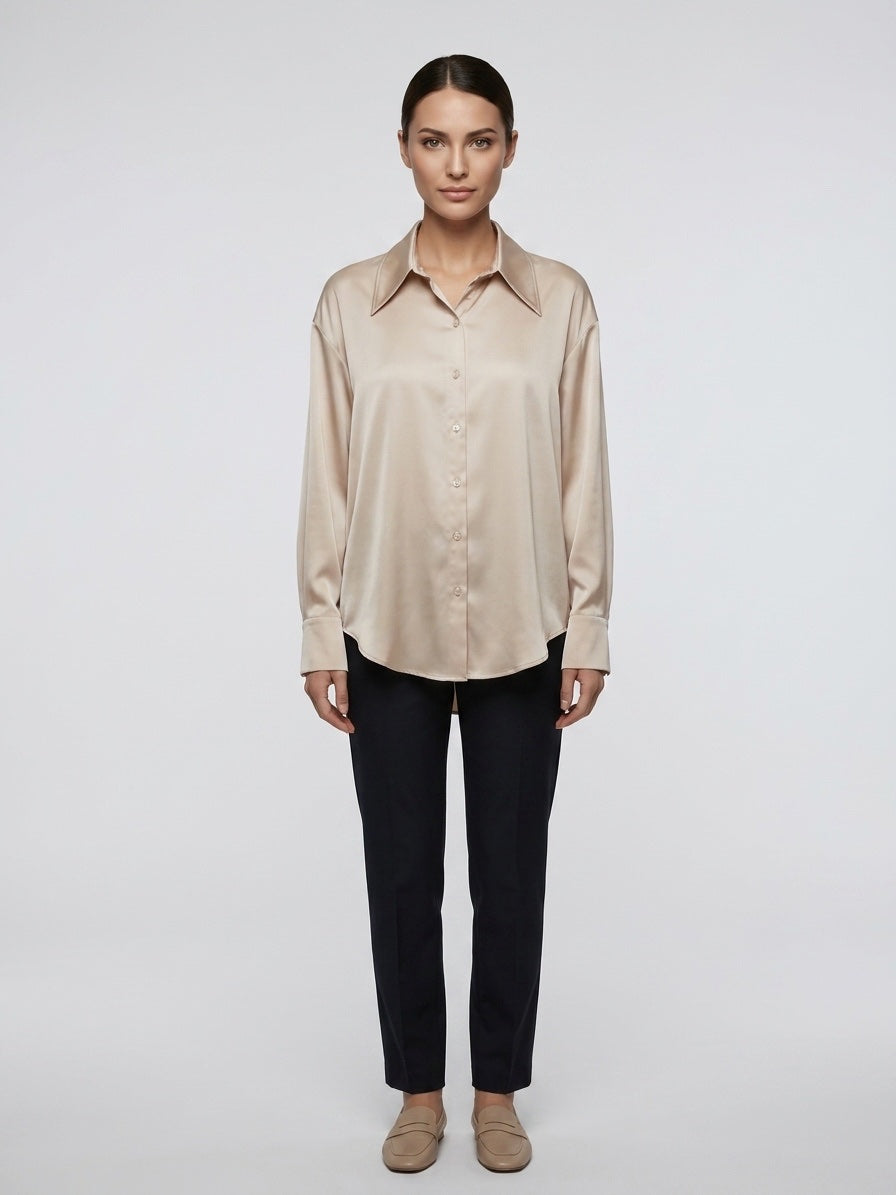 Relaxed Fit Satin Blouse - Beige