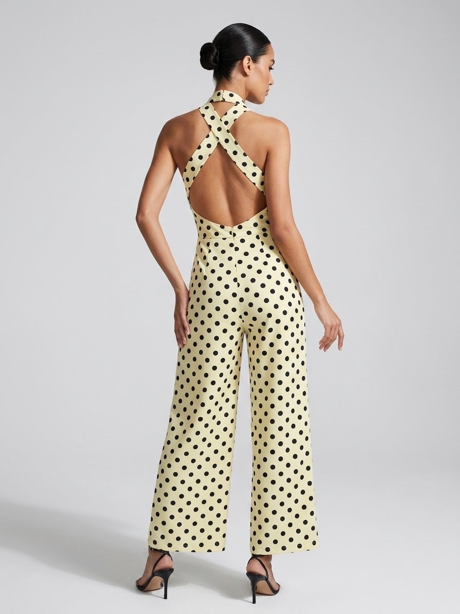 Polka Dot Halter Neck Wide-Leg Jumpsuit - Butter (2)