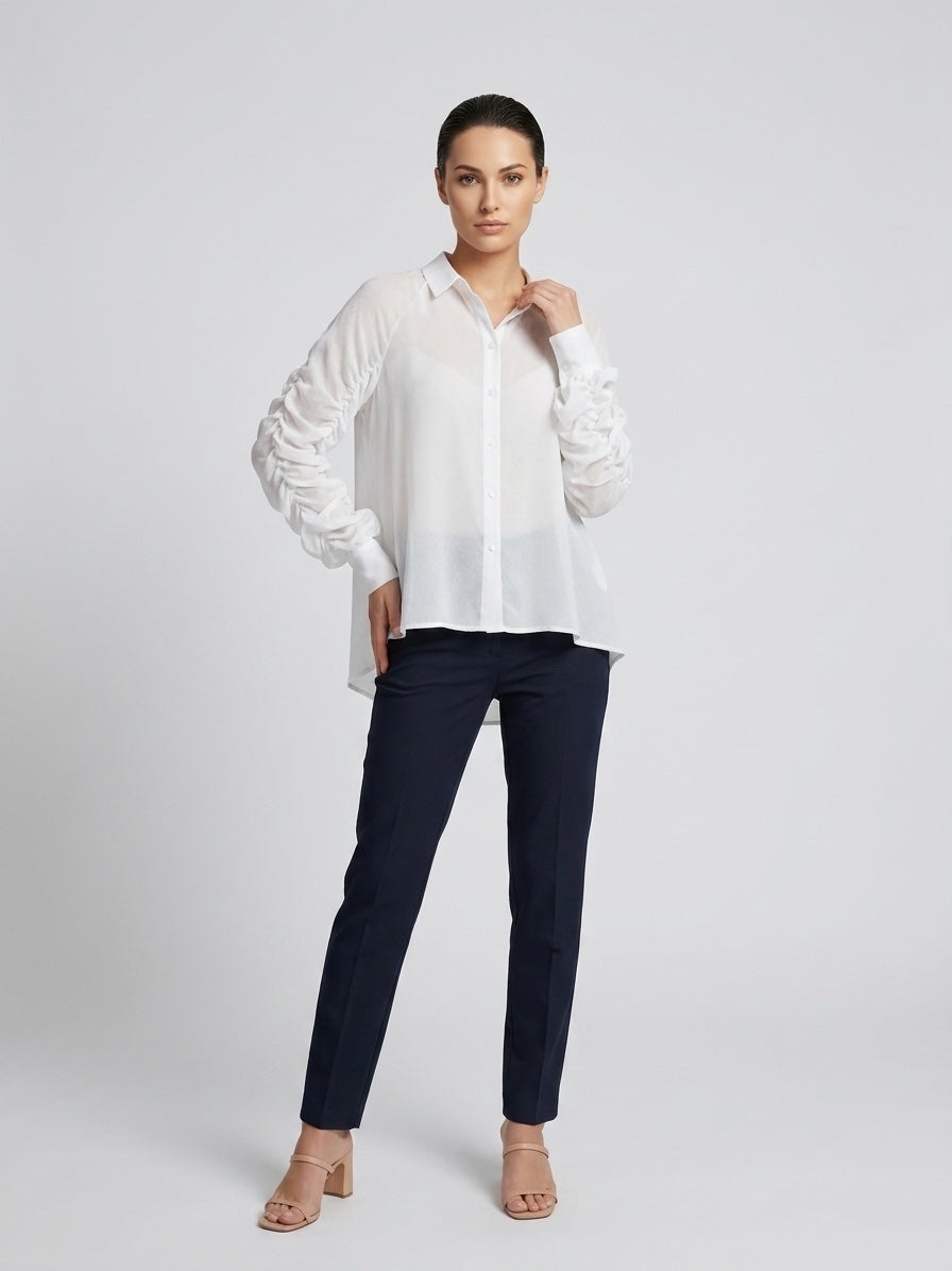 Ruched Sleeve Oversized Shirt - White