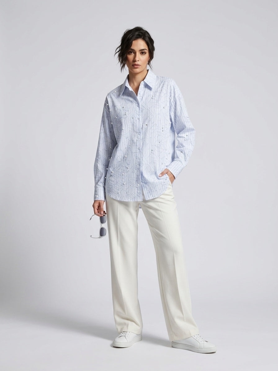 Embellished Striped Cotton Shirt - White