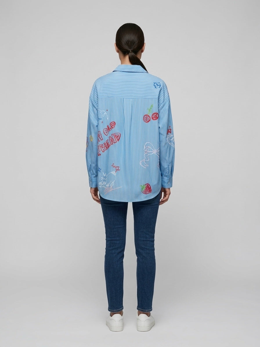 Embroidered Striped Shirt - Blue (2)