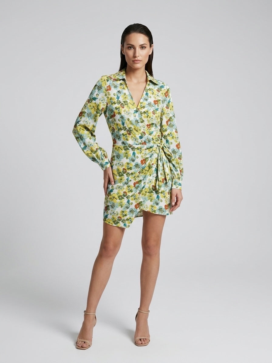 Floral Print Wrap Mini Dress - Green