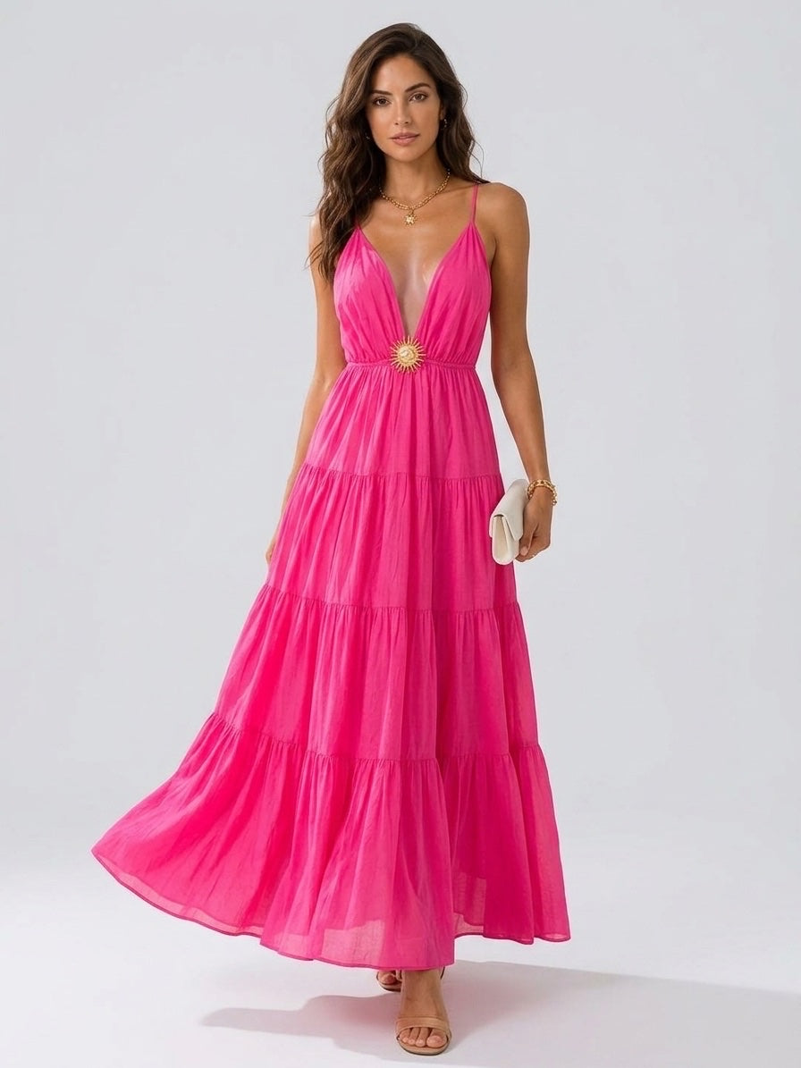 Tiered Maxi Dress with Sun Detail - Fuchsia