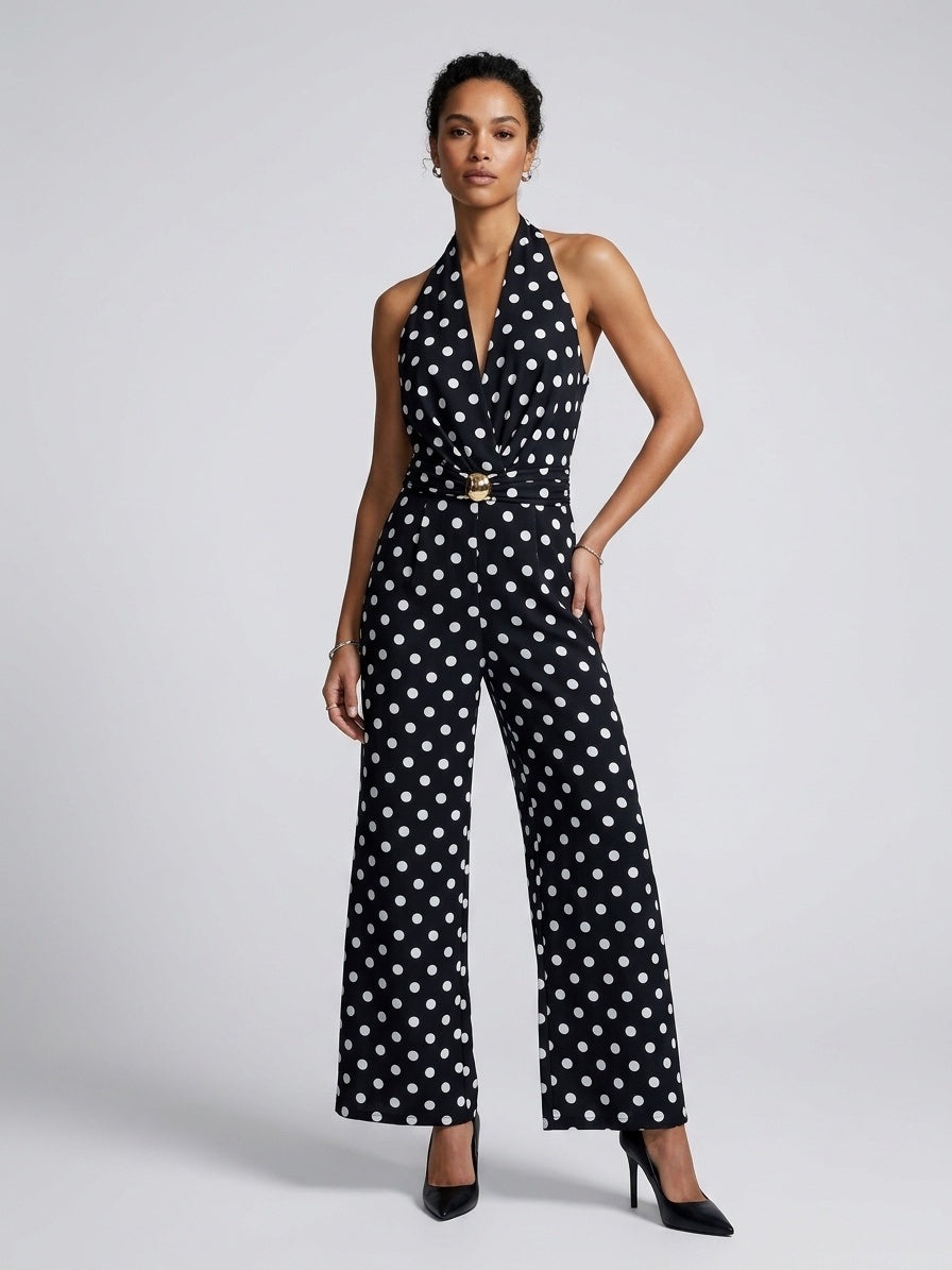 Polka Dot Halter Neck Wide-Leg Jumpsuit - Black