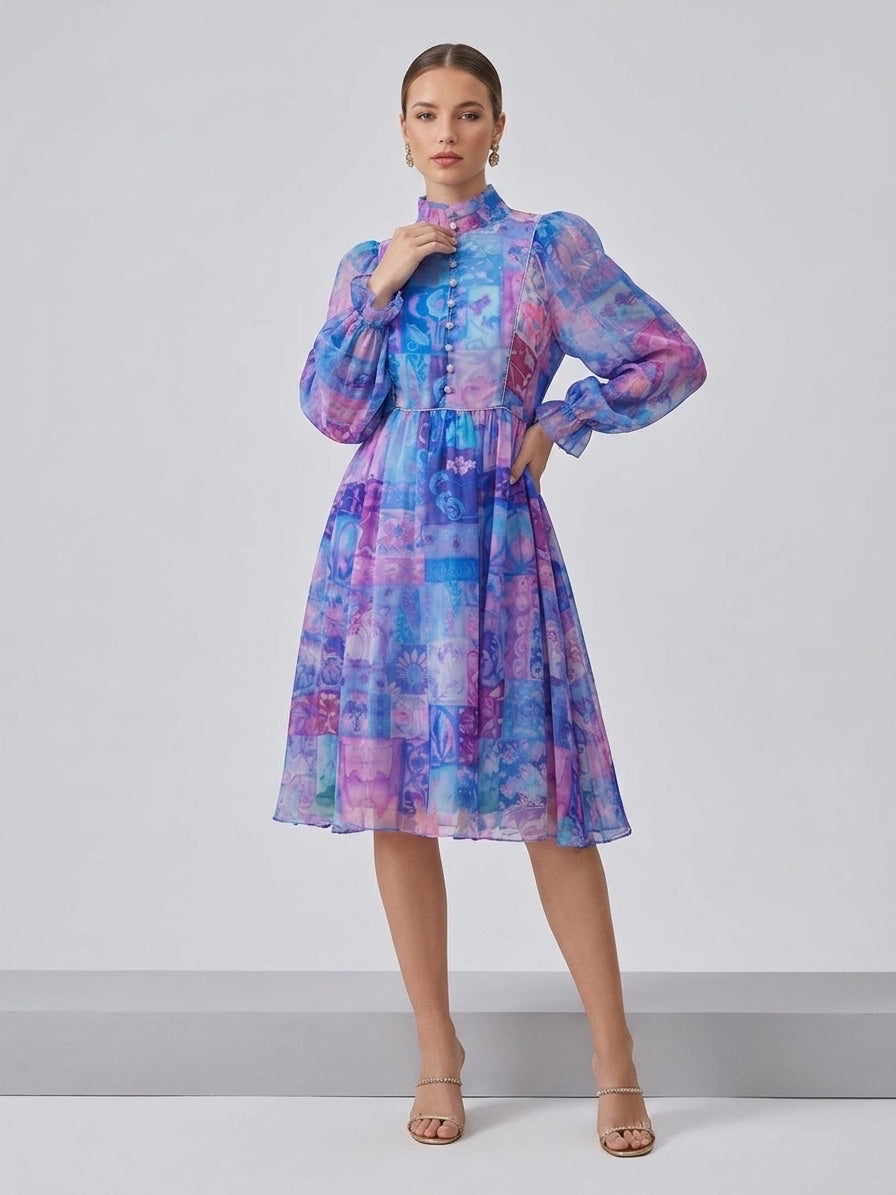 Chiffon Puff Sleeve Midi Dress - Lavender
