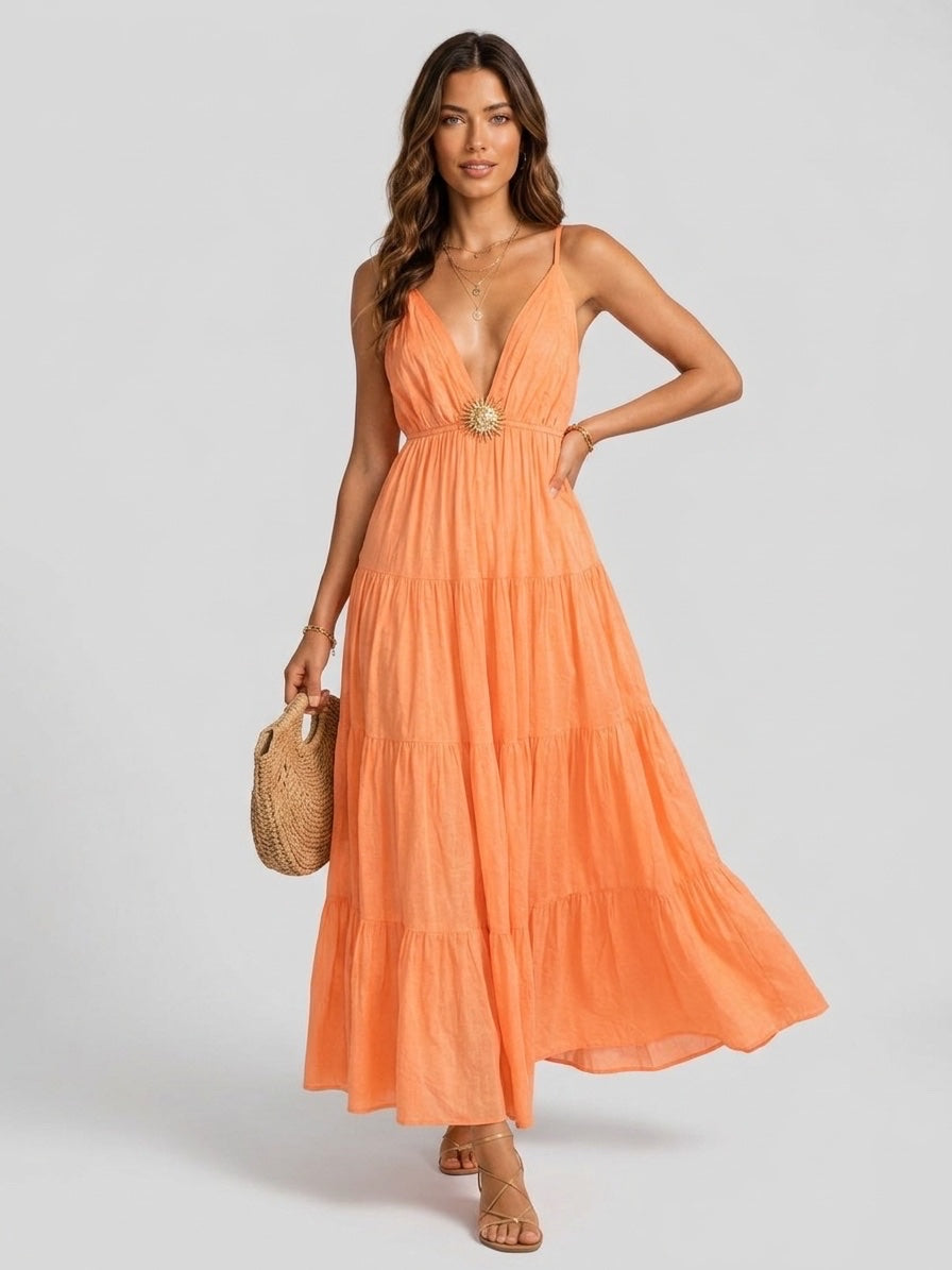 Tiered Maxi Dress with Sun Detail - Orange