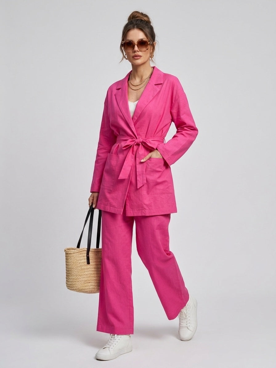 Tailored Linen Blend Two-Piece Set - Fuchsia