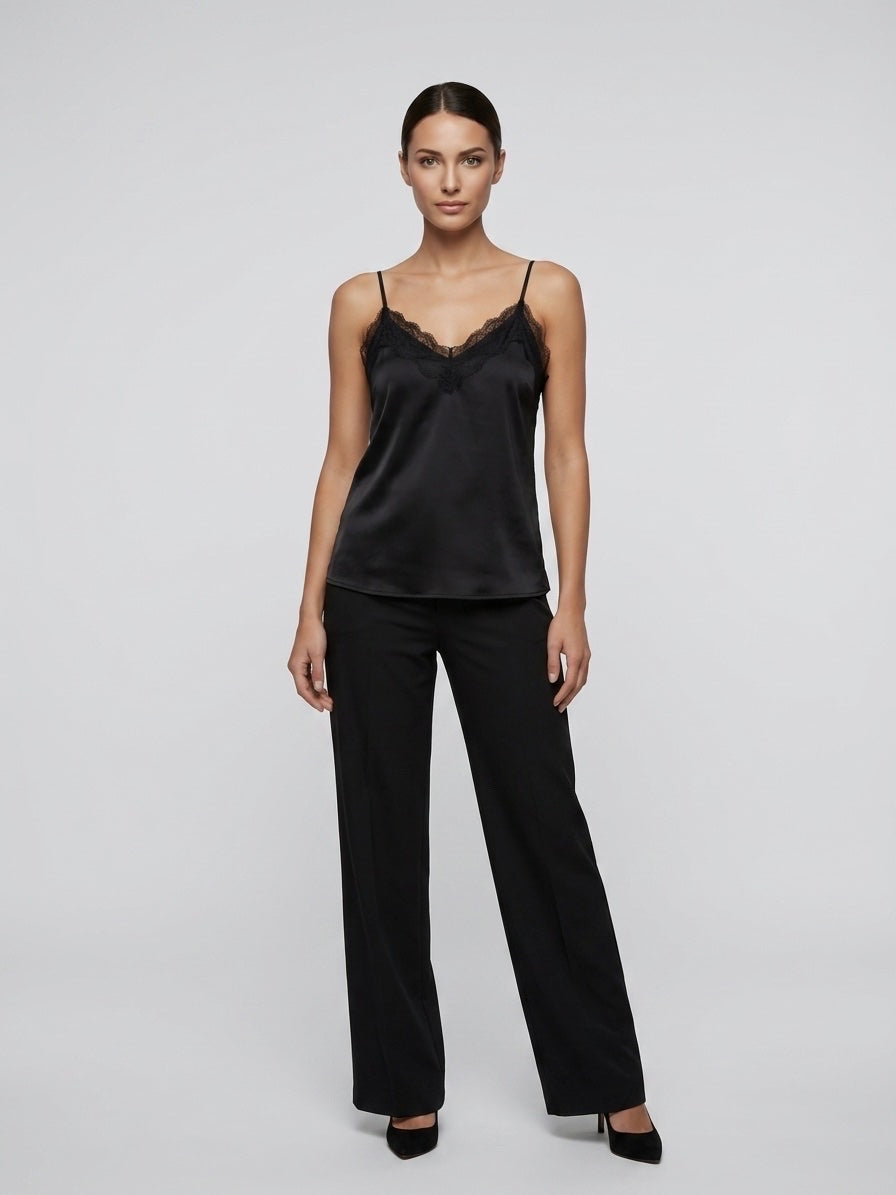 Lace Trim Satin Camisole - Black