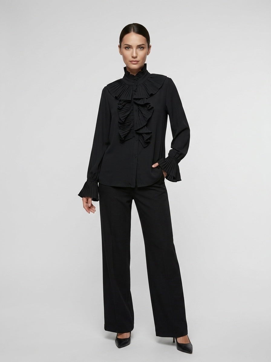 Pleated Ruffle Front Blouse - Black