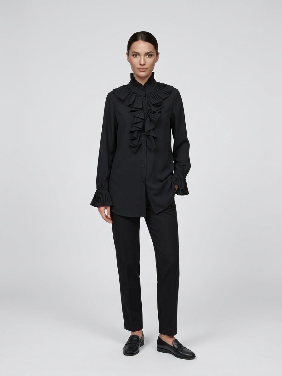 Ruffled Front Shirt - Black