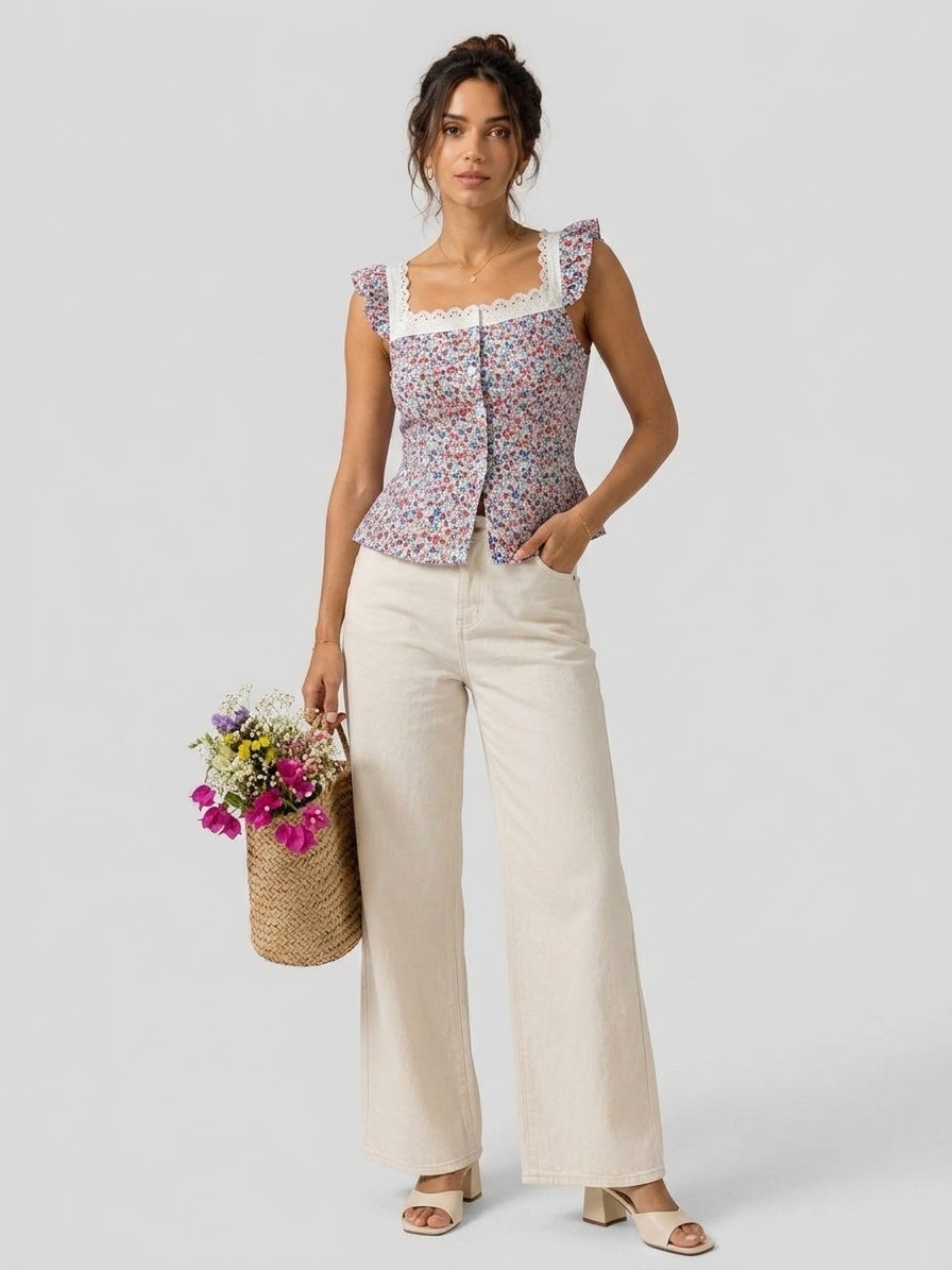 Floral Peplum Top with Lace Trim - Pink
