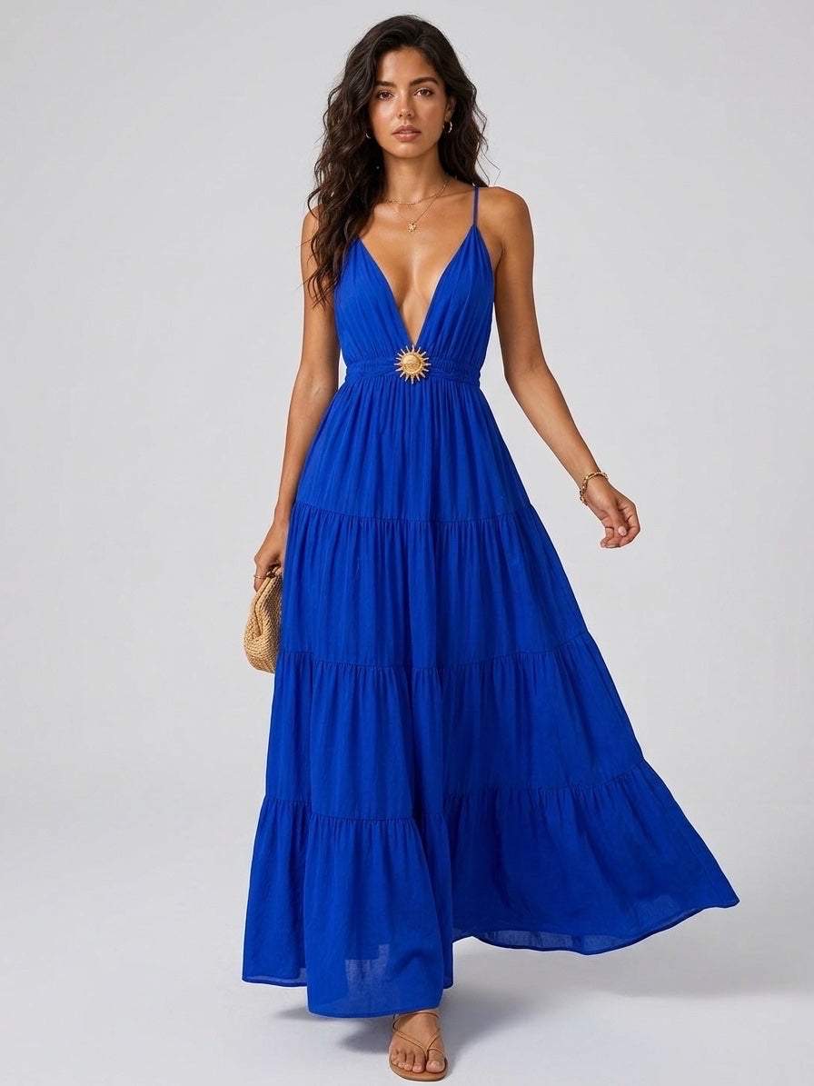 Tiered Maxi Dress with Sun Detail - Royal Blue