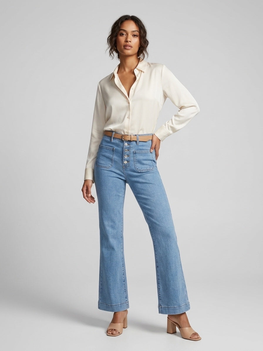 High-Waist Wide-Leg Button-Front Trousers - Denim