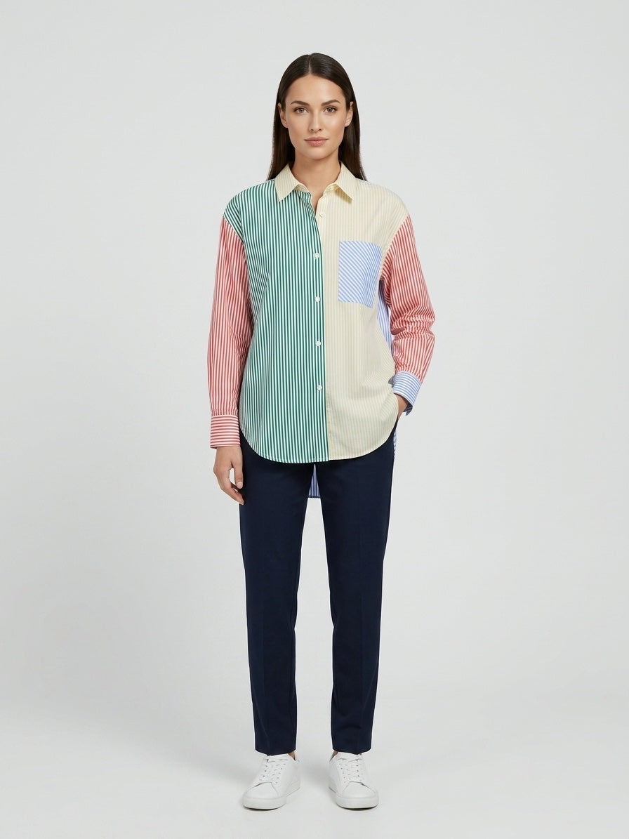 Colour-Block Striped Shirt - Baby Blue