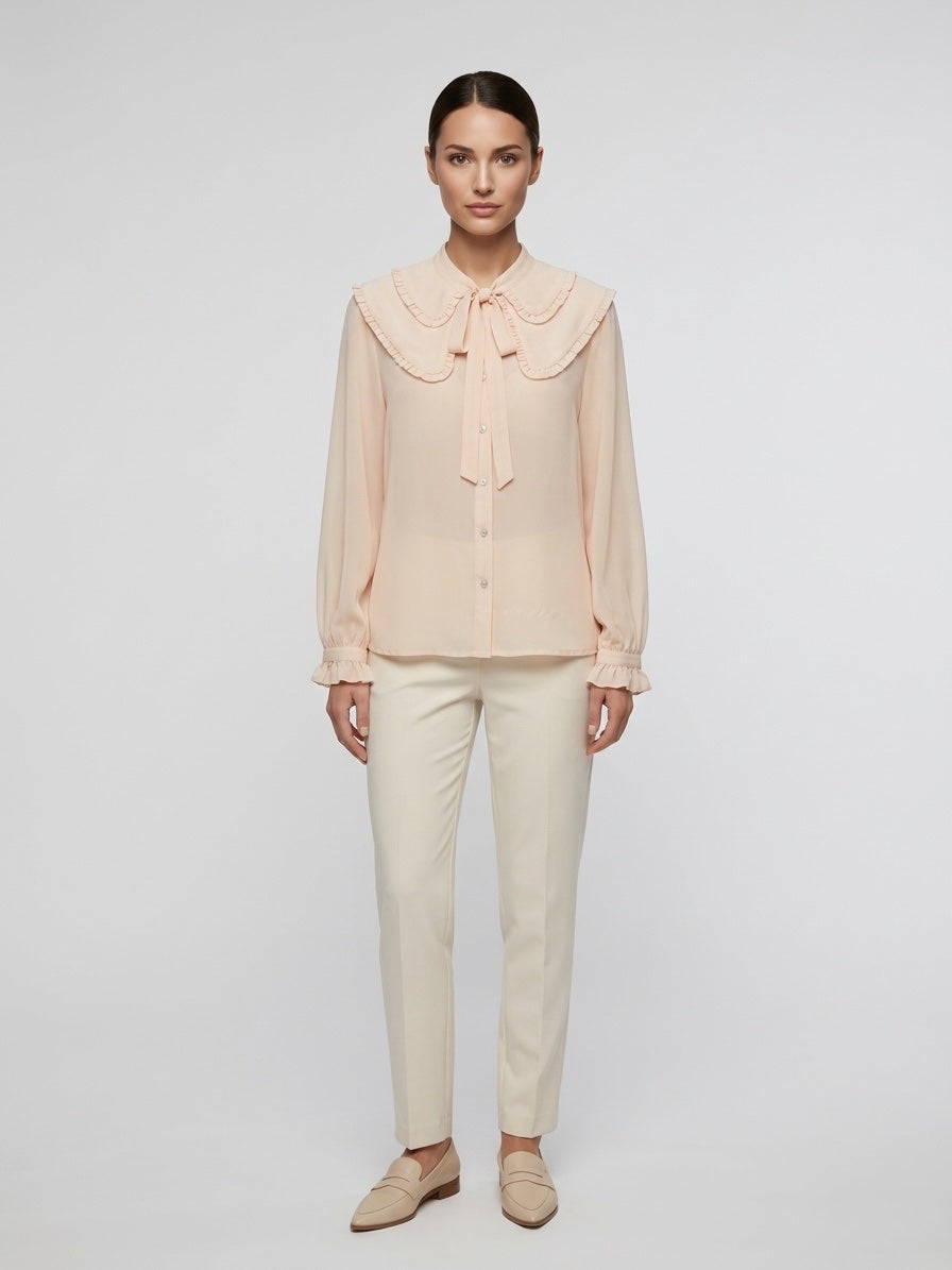 Ruffled Collar Tie-Neck Blouse - Beige