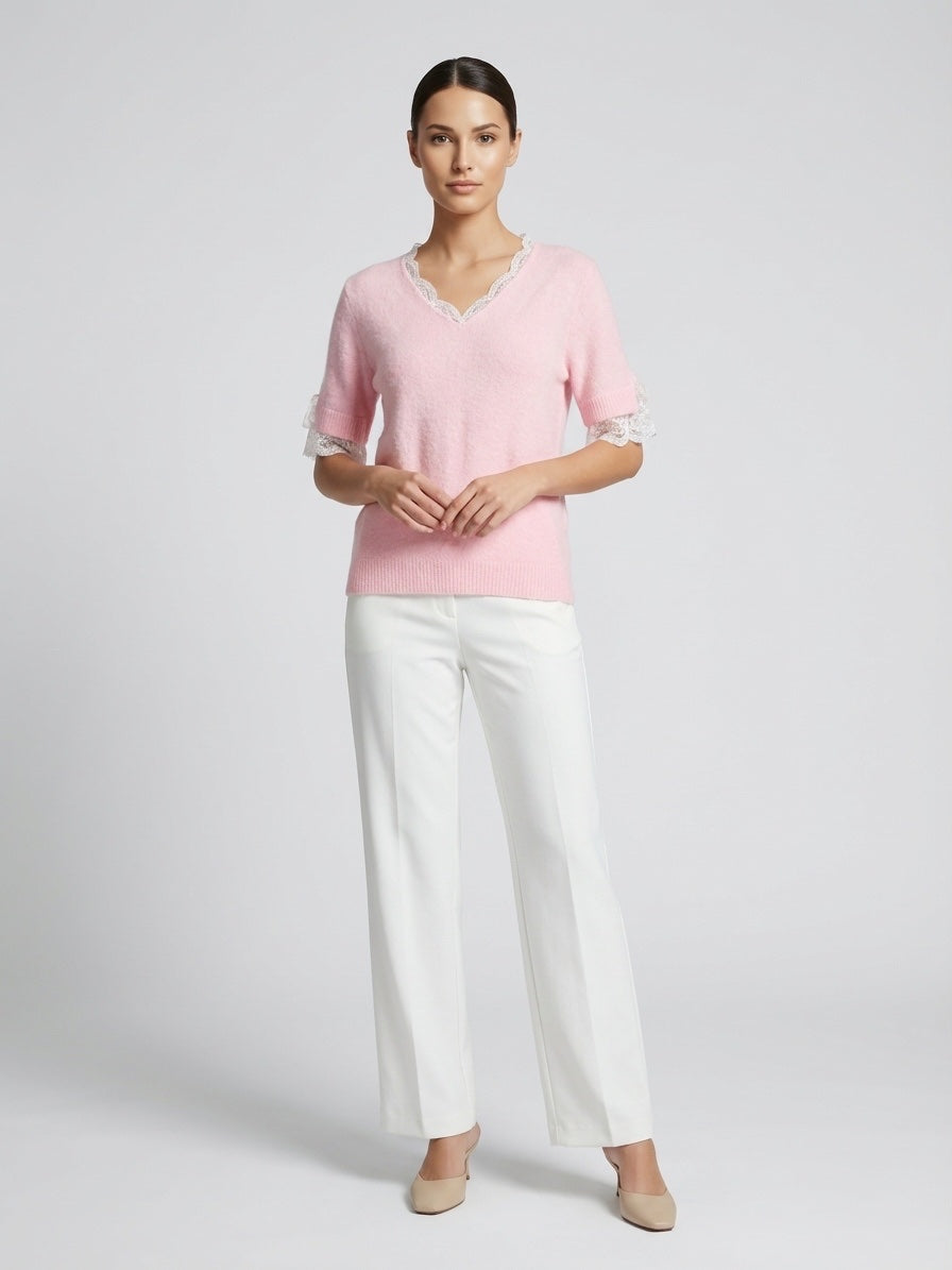 Lace Trim Knit Top - Baby Pink